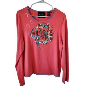 Michael Simon Womens Silk Blend Sequin Tropical Fish Print Top Size XL Coral
